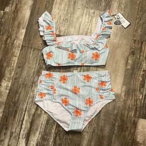 Green Striped Bikini with Orange Floral Accents Size 2XL